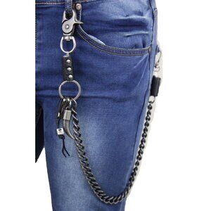 New Men Silver Metal Wallet Chain Links Bull Long Horn Western Skull Charm Biker